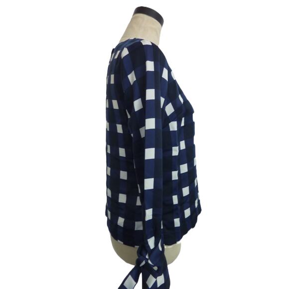 Banana Republic Blue Checkered Plaid Blouse XS Petite Bow Sleeves Top - Picture 2 of 6